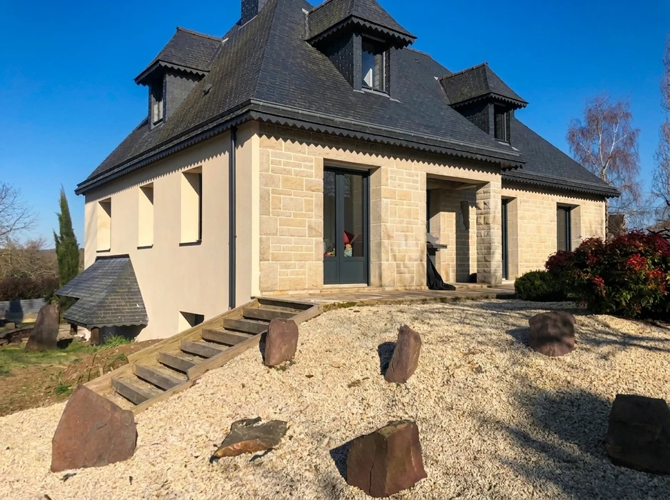Maison individuelle de style breton, façade en pierre de taille calcaire avec enduit, toiture en ardoise à croupes avec lucarnes