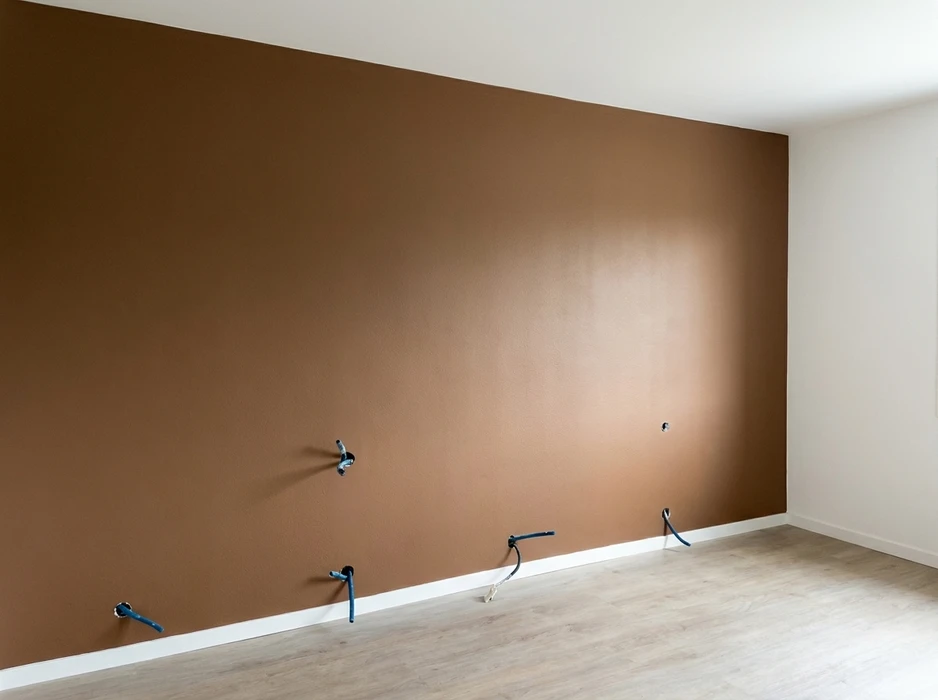 Pièce en rénovation avec mur d'accent peint en brun terra cotta, angles blancs et plinthes blanches