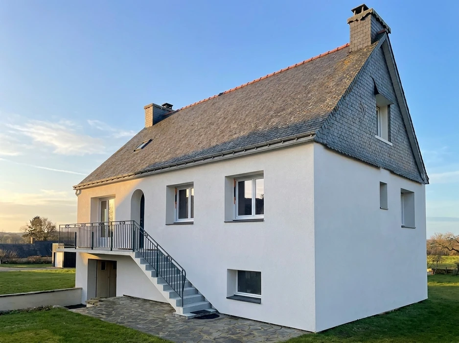 Maison individuelle en enduit blanc, style breton, vue extérieure en lumière dorée de fin de journée