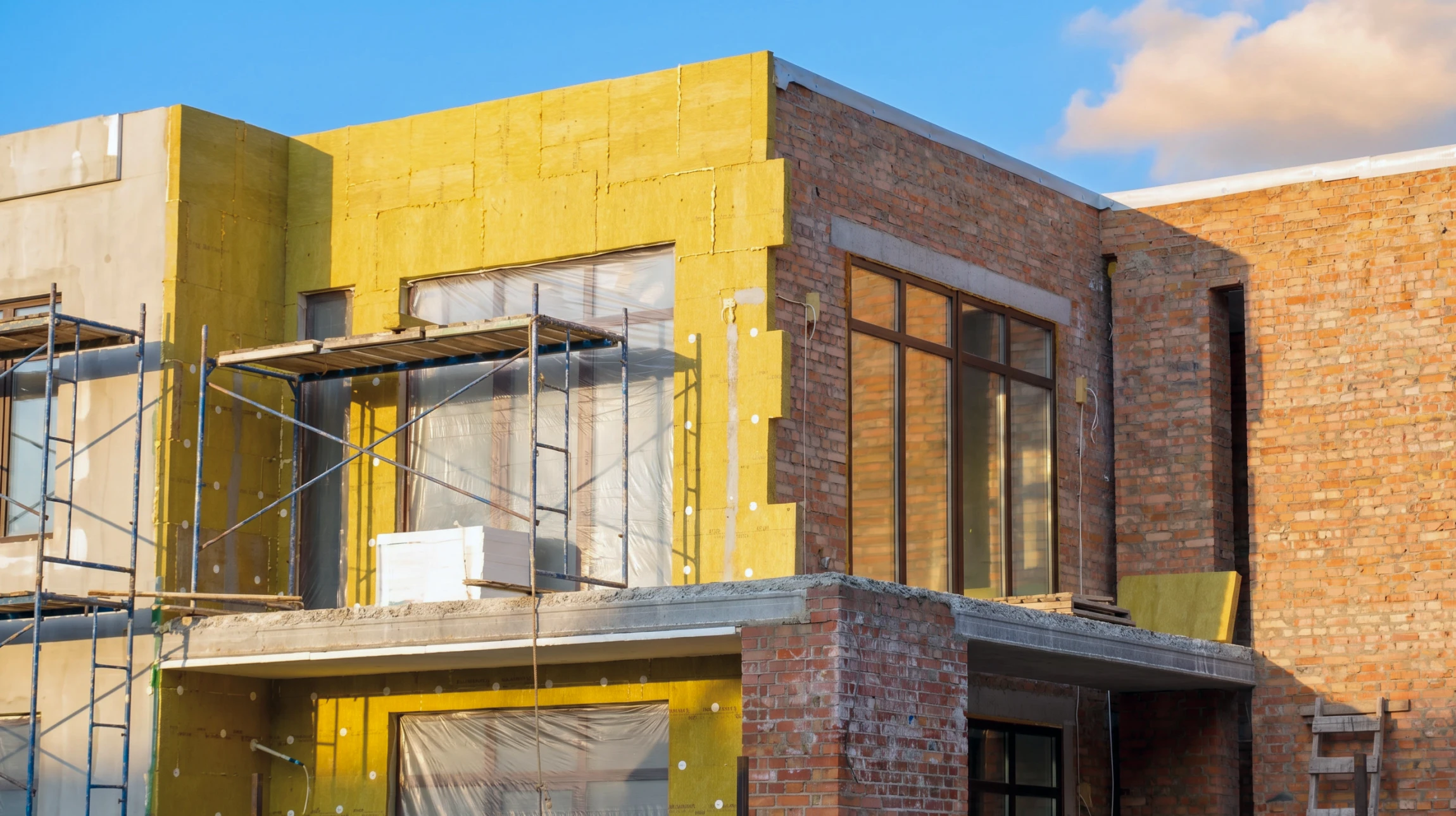 Chantier de construction résidentielle en cours, maison individuelle moderne à étages avec échafaudage tubulaire métallique sur façade principale