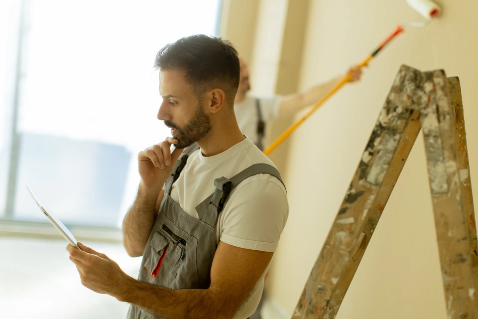 Homme en tenue de travail noire effectuant des travaux de finition au plafond dans un intérieur moderne